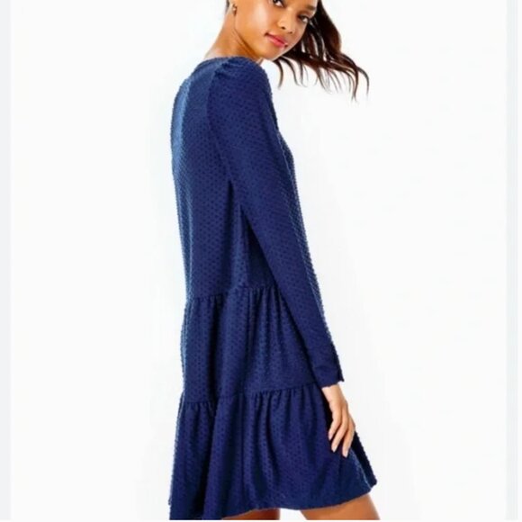 Lilly Pulitzer Arlette Swiss Dot High Tide Navy Swing Dress Size S Long Sleeve - Picture 12 of 12